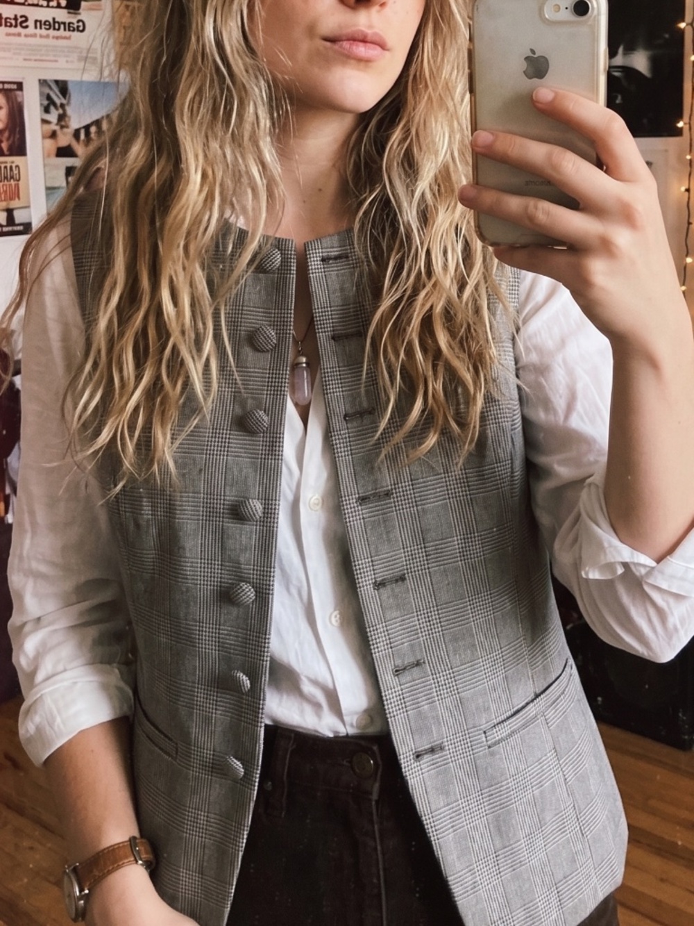 Joie Brown Gray Plaid Button Down Sleeveless Vest